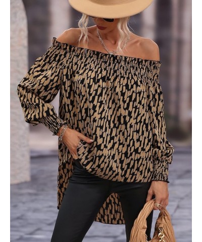 Women's Leopard Print Off Shoulder Long Sleeve High Low Blouses Tops Brown $20.51 Blouses