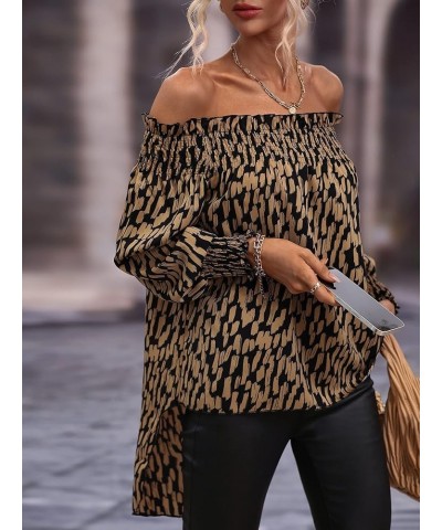 Women's Leopard Print Off Shoulder Long Sleeve High Low Blouses Tops Brown $20.51 Blouses