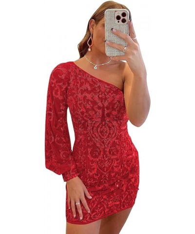 One Shoulder Homecoming Dresses for Teens Tight Cocktail Mini Dress with Sleeves Sparkly Short Prom Ball Gown Red $27.00 Dresses