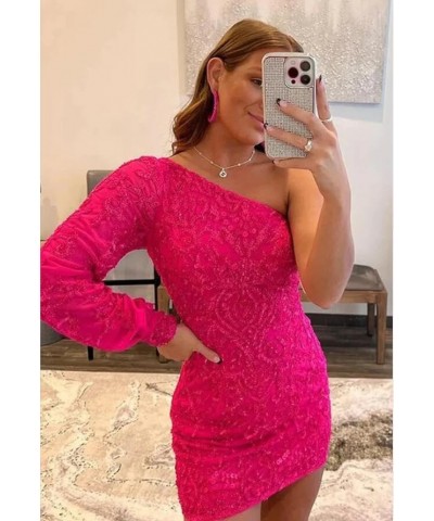 One Shoulder Homecoming Dresses for Teens Tight Cocktail Mini Dress with Sleeves Sparkly Short Prom Ball Gown Red $27.00 Dresses