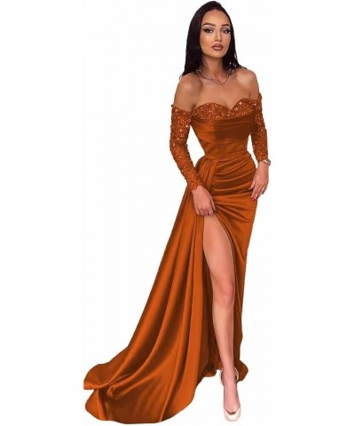 Off Shoulder Sequin Prom Dresses Long Sleeve Satin Mermaid Evening Gown for Women Formal Dress with Slit Burnt Orange $46.79 ...