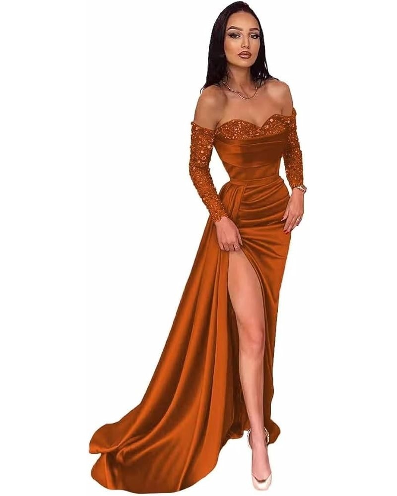 Off Shoulder Sequin Prom Dresses Long Sleeve Satin Mermaid Evening Gown for Women Formal Dress with Slit Burnt Orange $46.79 ...