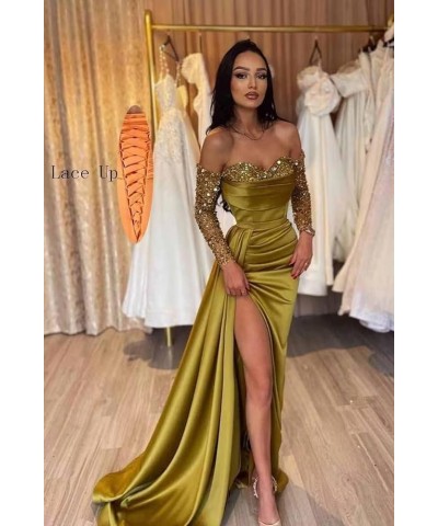 Off Shoulder Sequin Prom Dresses Long Sleeve Satin Mermaid Evening Gown for Women Formal Dress with Slit Burnt Orange $46.79 ...