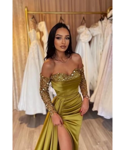 Off Shoulder Sequin Prom Dresses Long Sleeve Satin Mermaid Evening Gown for Women Formal Dress with Slit Burnt Orange $46.79 ...