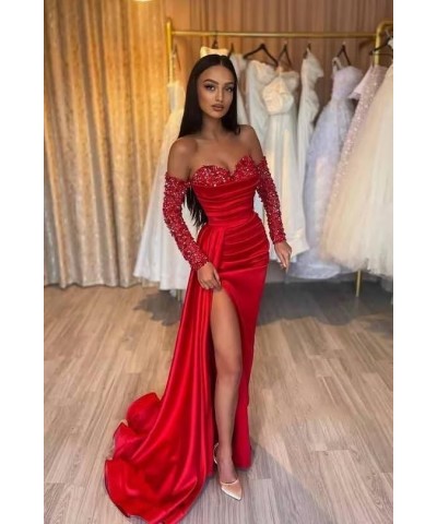 Off Shoulder Sequin Prom Dresses Long Sleeve Satin Mermaid Evening Gown for Women Formal Dress with Slit Burnt Orange $46.79 ...