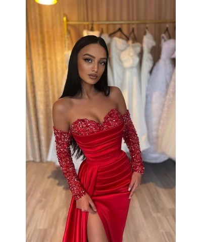 Off Shoulder Sequin Prom Dresses Long Sleeve Satin Mermaid Evening Gown for Women Formal Dress with Slit Burnt Orange $46.79 ...