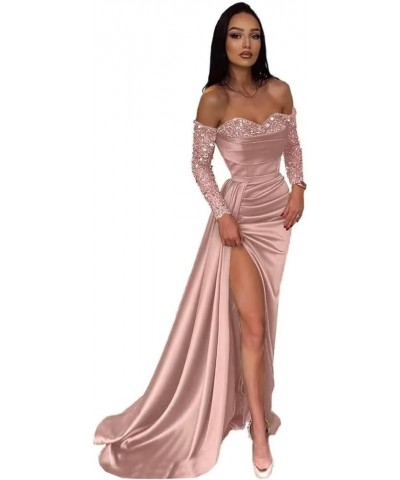 Off Shoulder Sequin Prom Dresses Long Sleeve Satin Mermaid Evening Gown for Women Formal Dress with Slit Burnt Orange $46.79 ...