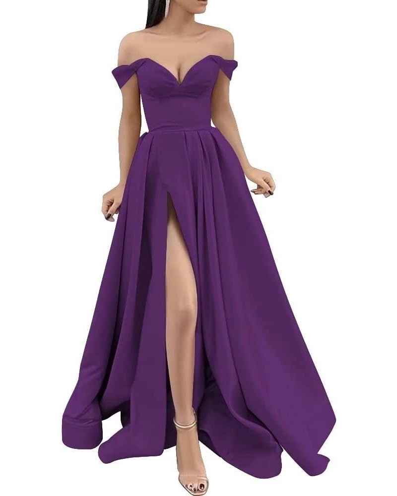 Off Shoulder Prom Dresses with Slit Long Satin Formal Evening Party Dresses for Women with Pockets YJY47 Purple $41.50 Dresses