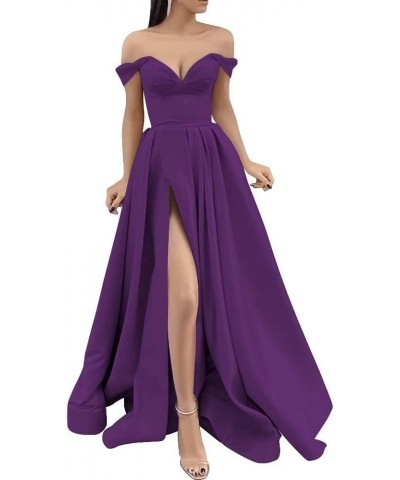 Off Shoulder Prom Dresses with Slit Long Satin Formal Evening Party Dresses for Women with Pockets YJY47 Purple $41.50 Dresses