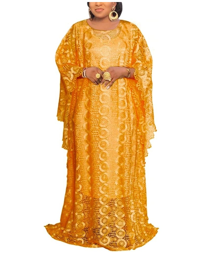 Women's Floor-Length Lace Kaftan Dress African Bubu Dress Boat Neck Caftan Gown Plus Size Gold $31.46 Dresses