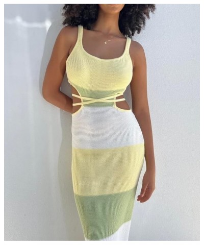 2023 Knit Bodycon Dresses for Women Summer Hollow Out Backless Maxi Dress Sexy Low Cut Y2k Beach Vacation Slip Dress Stripe C...