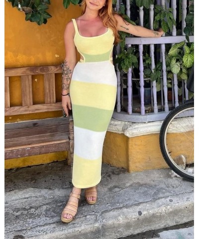 2023 Knit Bodycon Dresses for Women Summer Hollow Out Backless Maxi Dress Sexy Low Cut Y2k Beach Vacation Slip Dress Stripe C...