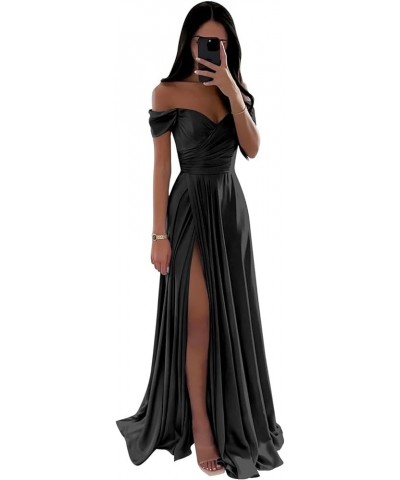 Women's Off The Shoulder Satin Bridesmaid Dresses for Wedding Long A Line Formal Evening Gown with Slit Black $32.76 Dresses