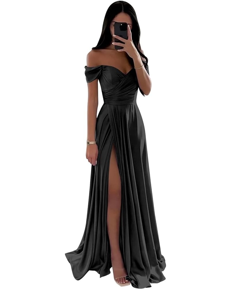 Women's Off The Shoulder Satin Bridesmaid Dresses for Wedding Long A Line Formal Evening Gown with Slit Black $32.76 Dresses