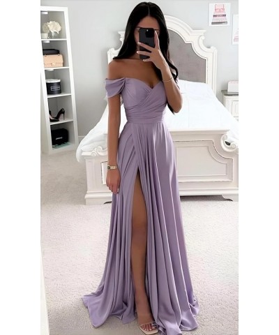 Women's Off The Shoulder Satin Bridesmaid Dresses for Wedding Long A Line Formal Evening Gown with Slit Black $32.76 Dresses