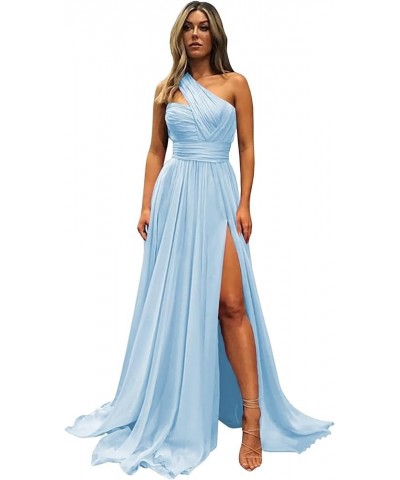 One Shoulder Bridesmaid Dresses for Wedding with Pockets Split Long Formal Prom Evening Dress Light Blue $34.19 Dresses