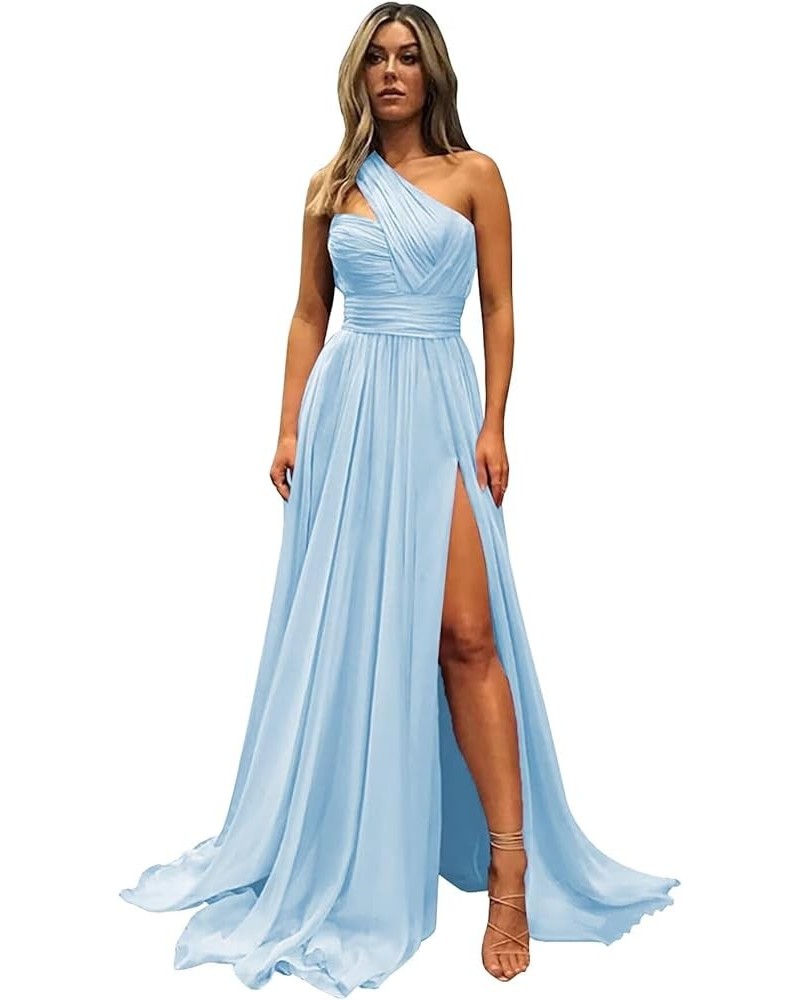 One Shoulder Bridesmaid Dresses for Wedding with Pockets Split Long Formal Prom Evening Dress Light Blue $34.19 Dresses