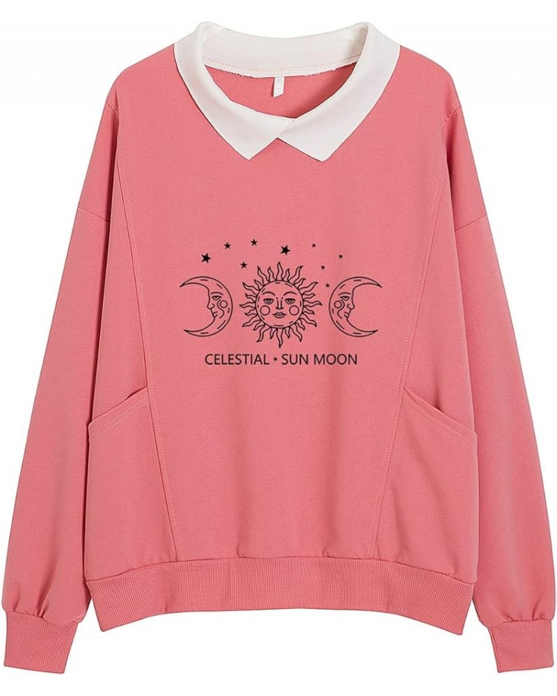 Hooded Sweatshirt Galaxy Celestial Sun Moon Graphic Aesthetic Women Pullover Turn-Down Collar Fashion with Pocket Pink $8.72 ...