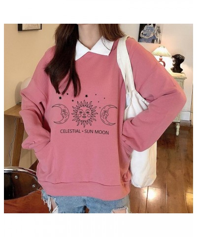 Hooded Sweatshirt Galaxy Celestial Sun Moon Graphic Aesthetic Women Pullover Turn-Down Collar Fashion with Pocket Pink $8.72 ...