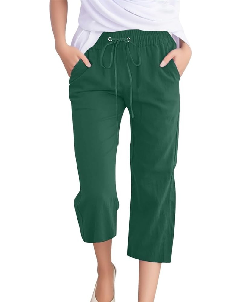 Capri Pants for Women Casual Summer Linen Elastic Waist Drawstring Pants Summer Lounge Plus Size Cropped Trousers D-green $7....