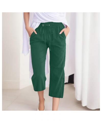 Capri Pants for Women Casual Summer Linen Elastic Waist Drawstring Pants Summer Lounge Plus Size Cropped Trousers D-green $7....