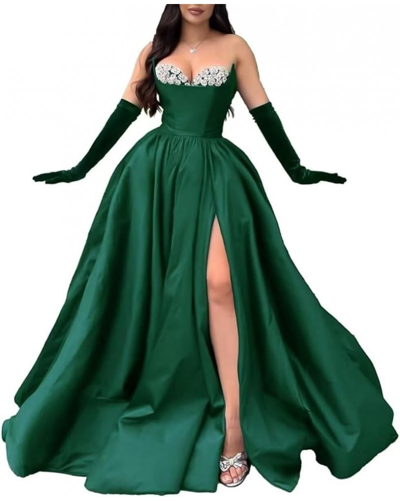 A-line Sequin Beaded Satin Prom Dresses for Women 2024 Formal Evening Wedding Party Dress with Slit Emerald Green $47.91 Dresses