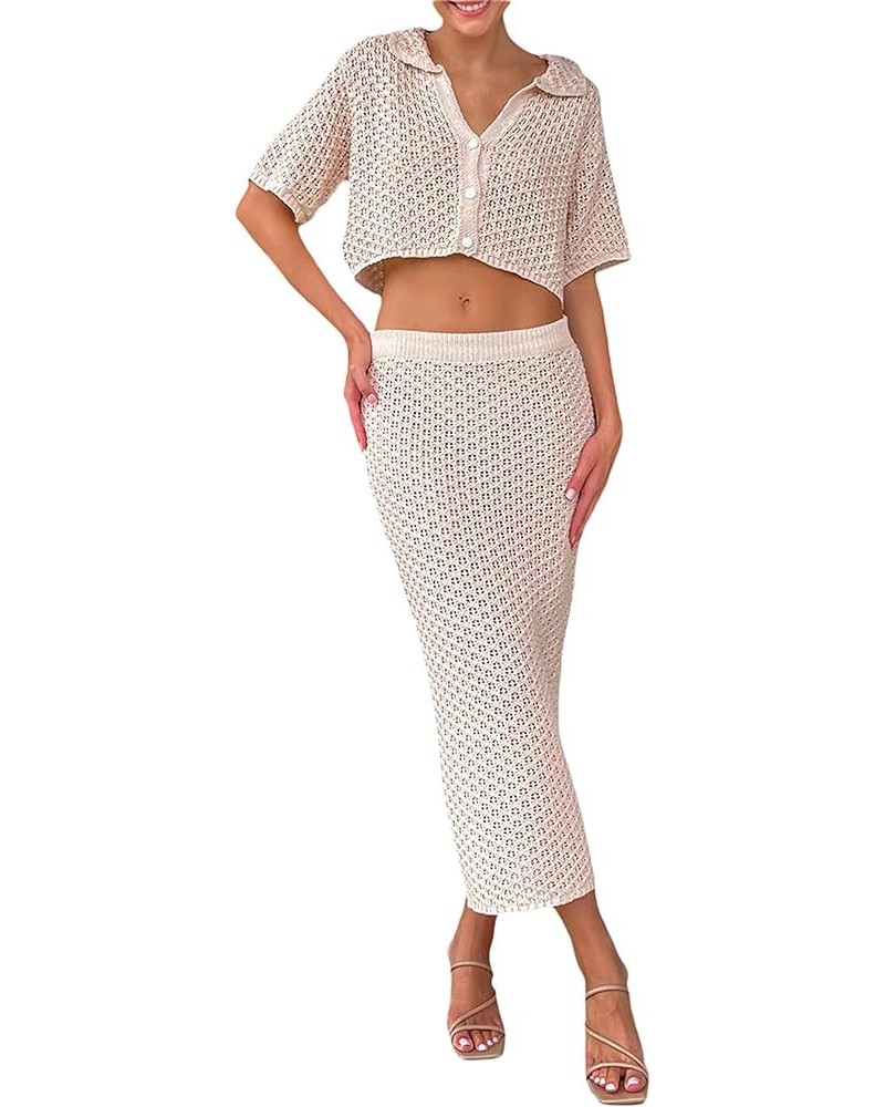 Women Two Piece Knitted Skirts Set Crochet Crop Top Tank Top Hollow out Shirt High Waist Maxi Skirts Outfits Set Beige-a $13....