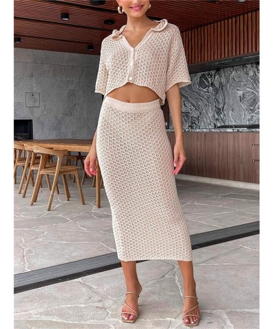 Women Two Piece Knitted Skirts Set Crochet Crop Top Tank Top Hollow out Shirt High Waist Maxi Skirts Outfits Set Beige-a $13....