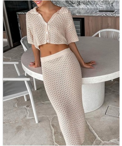 Women Two Piece Knitted Skirts Set Crochet Crop Top Tank Top Hollow out Shirt High Waist Maxi Skirts Outfits Set Beige-a $13....