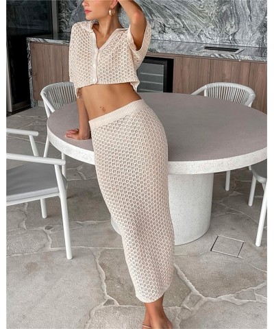 Women Two Piece Knitted Skirts Set Crochet Crop Top Tank Top Hollow out Shirt High Waist Maxi Skirts Outfits Set Beige-a $13....