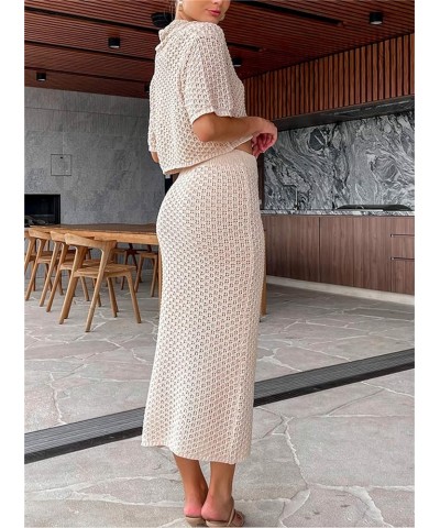 Women Two Piece Knitted Skirts Set Crochet Crop Top Tank Top Hollow out Shirt High Waist Maxi Skirts Outfits Set Beige-a $13....