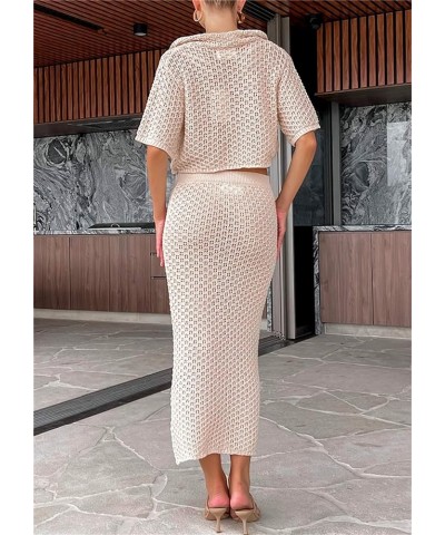 Women Two Piece Knitted Skirts Set Crochet Crop Top Tank Top Hollow out Shirt High Waist Maxi Skirts Outfits Set Beige-a $13....