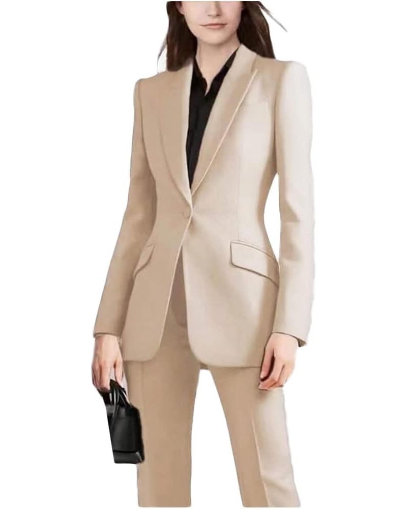 2 PC Women's Business Suits for Work Professional Peak Lapel Office Lady Suit One Button Pantsuits Beige $33.14 Suits