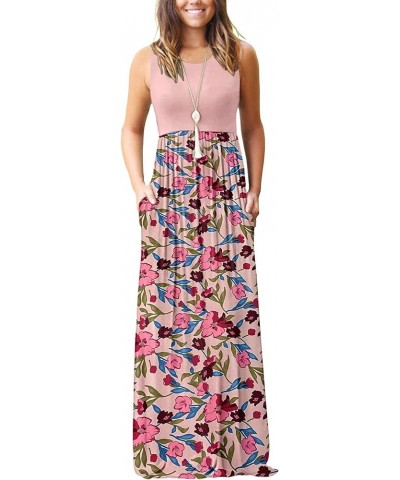 Women's Summer Sleeveless Loose Maxi Dress Casual Long Dress with Pockets 02-pink P Blue Green Leaves $23.51 Dresses