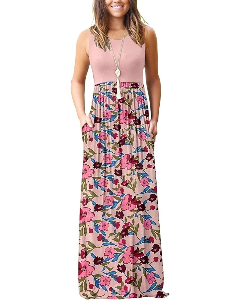 Women's Summer Sleeveless Loose Maxi Dress Casual Long Dress with Pockets 02-pink P Blue Green Leaves $23.51 Dresses