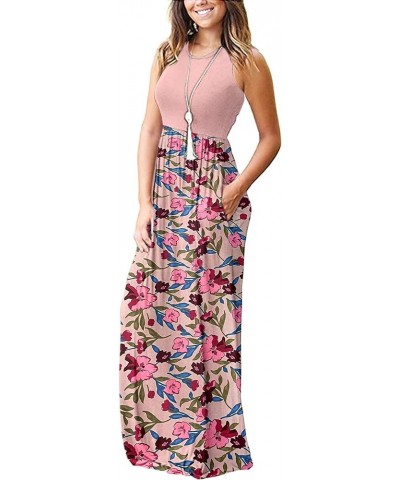 Women's Summer Sleeveless Loose Maxi Dress Casual Long Dress with Pockets 02-pink P Blue Green Leaves $23.51 Dresses