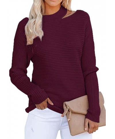 Women's 2024 Fall Winter Sweaters Halter Neck Off Shoulder Long Sleeve Knit Sweater Solid Loose Pullover Tops Wine Red $10.59...