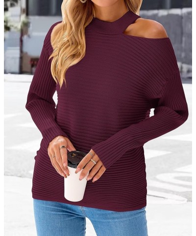 Women's 2024 Fall Winter Sweaters Halter Neck Off Shoulder Long Sleeve Knit Sweater Solid Loose Pullover Tops Wine Red $10.59...