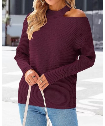 Women's 2024 Fall Winter Sweaters Halter Neck Off Shoulder Long Sleeve Knit Sweater Solid Loose Pullover Tops Wine Red $10.59...