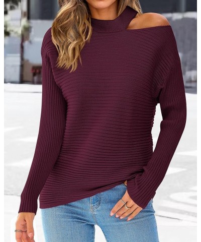 Women's 2024 Fall Winter Sweaters Halter Neck Off Shoulder Long Sleeve Knit Sweater Solid Loose Pullover Tops Wine Red $10.59...