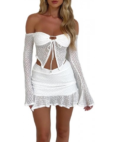 2 Pieces Mini Skirt Set for Women Elegant Lace Strapless Crop Tube Top Bodycon Skirts Y2K Matching Sets Cutout White $16.11 S...