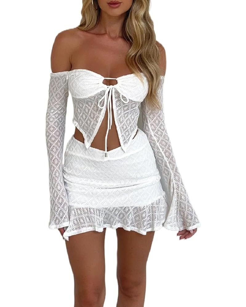 2 Pieces Mini Skirt Set for Women Elegant Lace Strapless Crop Tube Top Bodycon Skirts Y2K Matching Sets Cutout White $16.11 S...