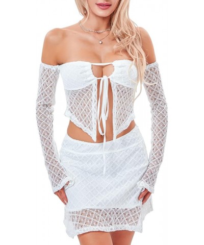 2 Pieces Mini Skirt Set for Women Elegant Lace Strapless Crop Tube Top Bodycon Skirts Y2K Matching Sets Cutout White $16.11 S...