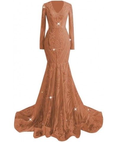 Long Sleeve Prom Dress Sequin Mermaid Evening Gowns Long Formal Dresses for Women 2024 Brown $38.27 Dresses