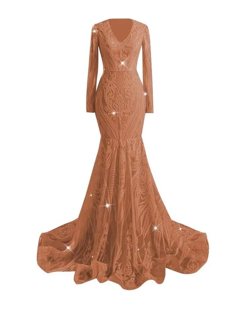 Long Sleeve Prom Dress Sequin Mermaid Evening Gowns Long Formal Dresses for Women 2024 Brown $38.27 Dresses