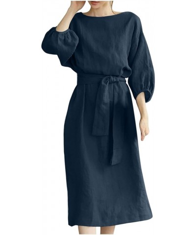 Loose Midi Belted Dress for Women Puff Half Sleeve Casual Dresses, Womens Solid Crewneck Summer Dress Cotton Linen Dress Navy...