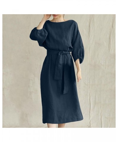 Loose Midi Belted Dress for Women Puff Half Sleeve Casual Dresses, Womens Solid Crewneck Summer Dress Cotton Linen Dress Navy...