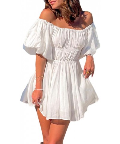 Women's Off Shoulder Short White Dress Puff Sleeve Pirate Dress Ruffle A-Line Flowy Mini Dress Party Clubwear H-white $11.76 ...