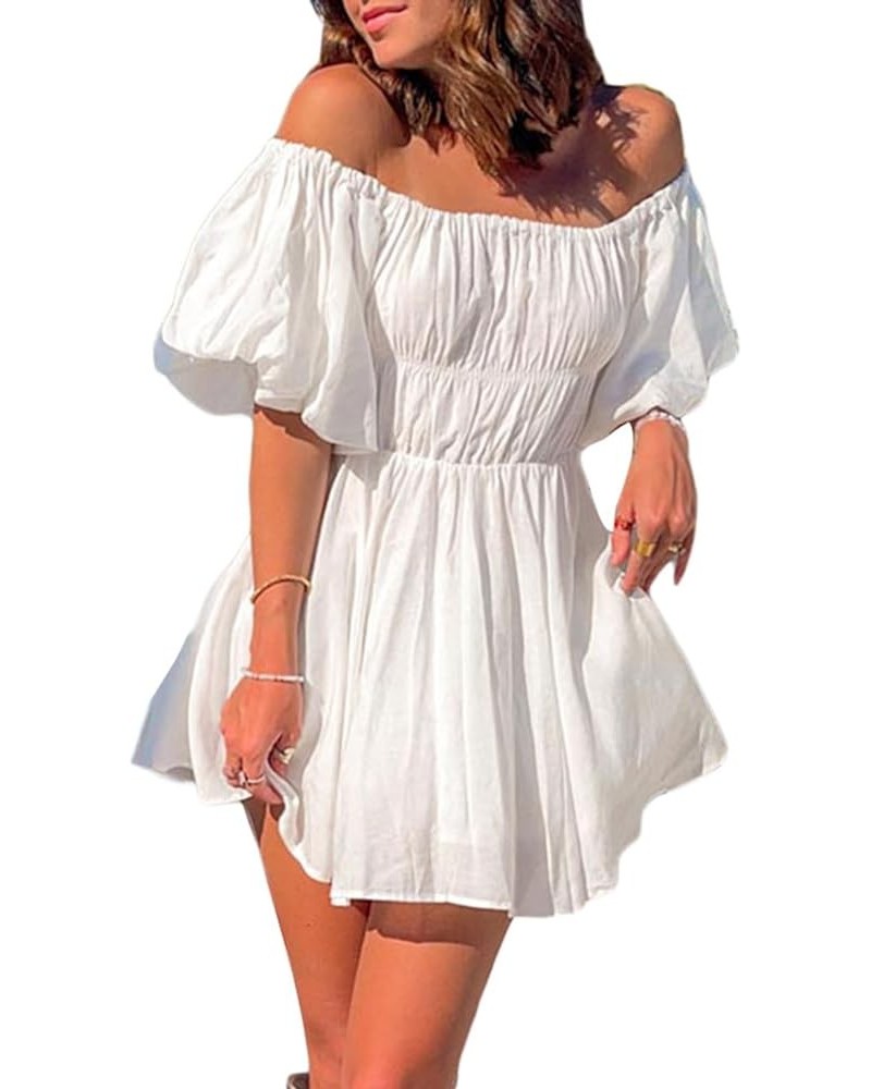 Women's Off Shoulder Short White Dress Puff Sleeve Pirate Dress Ruffle A-Line Flowy Mini Dress Party Clubwear H-white $11.76 ...