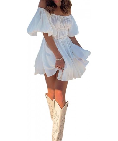 Women's Off Shoulder Short White Dress Puff Sleeve Pirate Dress Ruffle A-Line Flowy Mini Dress Party Clubwear H-white $11.76 ...